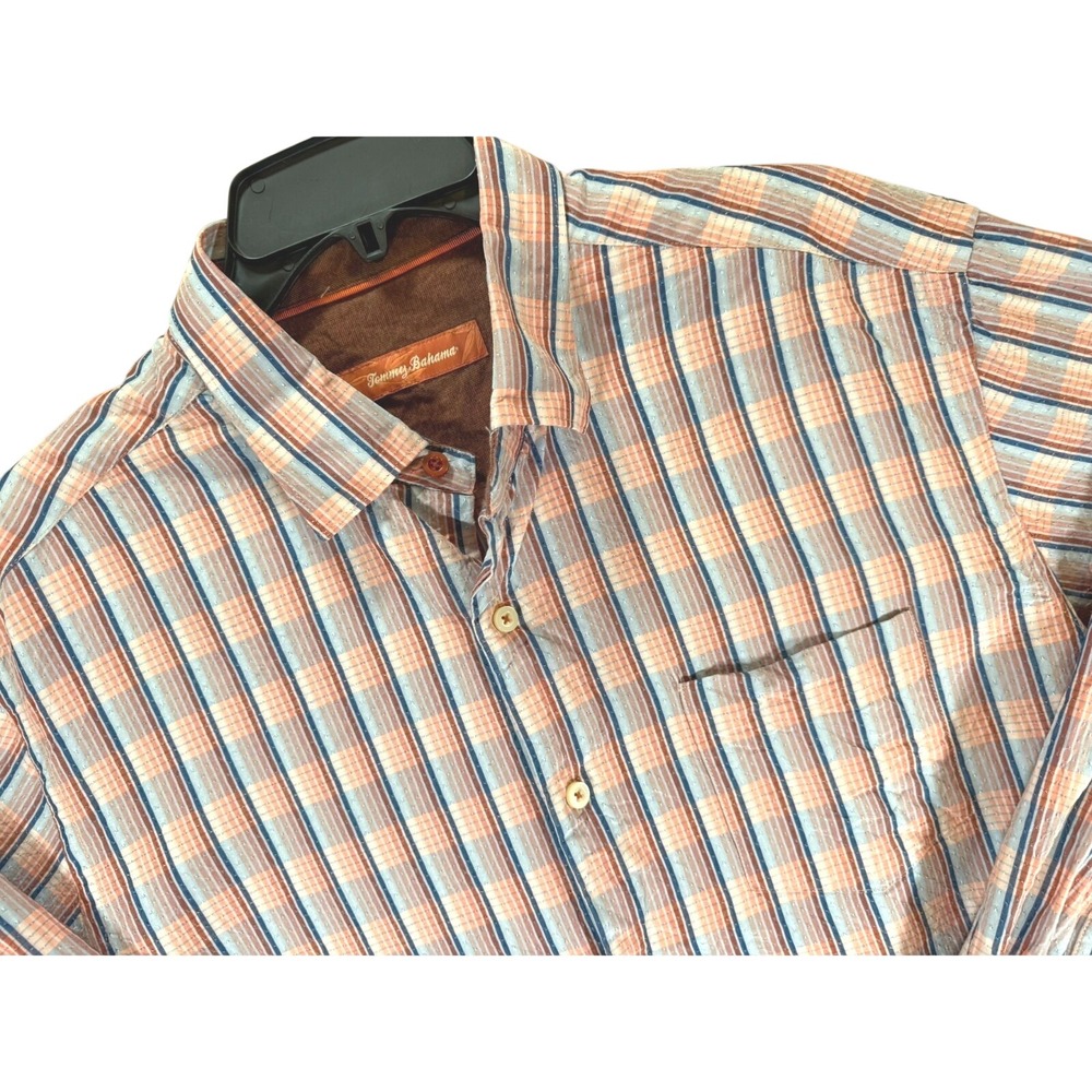 Tommy Bahama Button Up Shirt Large Orange Blue Plaid 100% Silk Dobby Long Sleeve